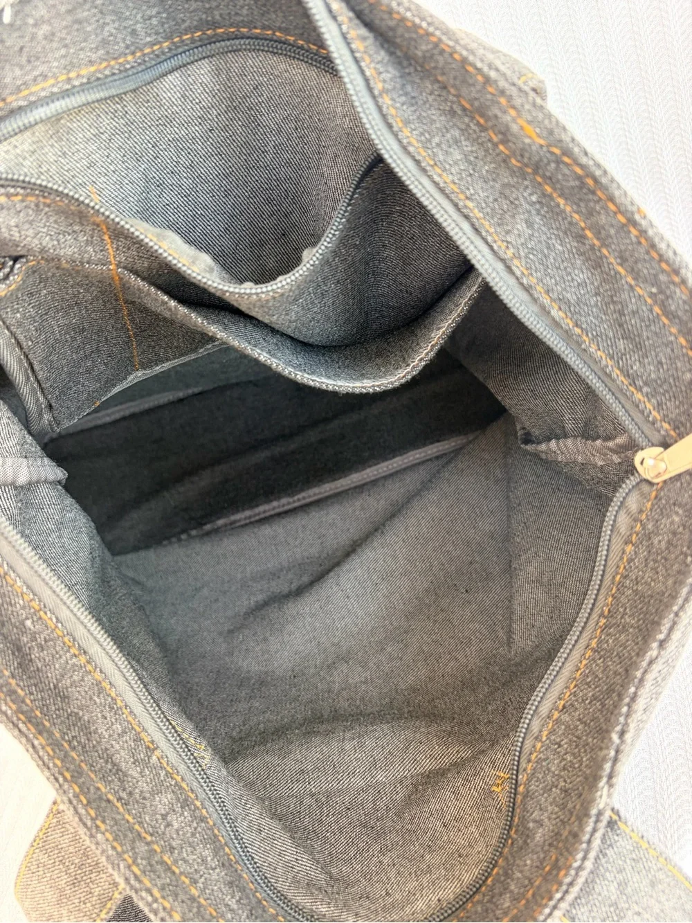 Guess Authentic Vintage 1990s Dark Gray Canvas Tote, White Logo Yellow Stitch